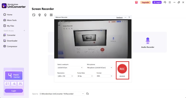 start webcam recording uniconverter
