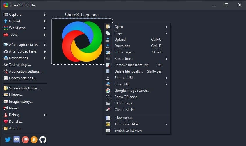 the gui layout of the sharex