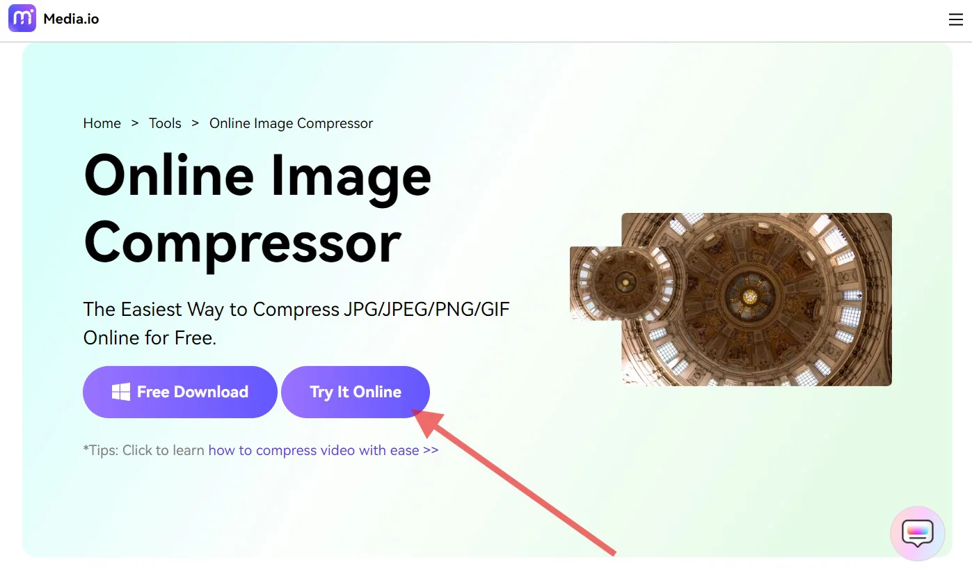 Go to media.io image compressor tool and click on “Try It Online”