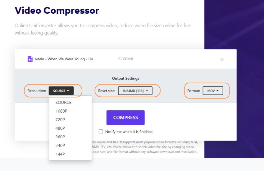 personalizzare impostazioni di compressione online