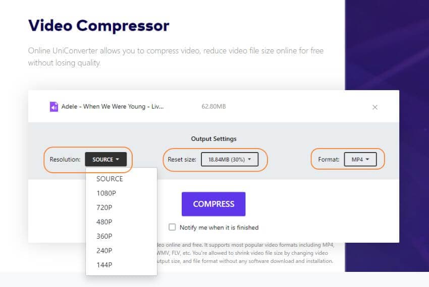 selecione as configurações de compressão