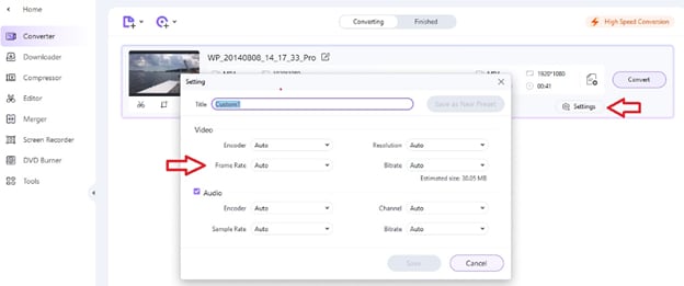 seleccionar la frecuencia de fotogramas 