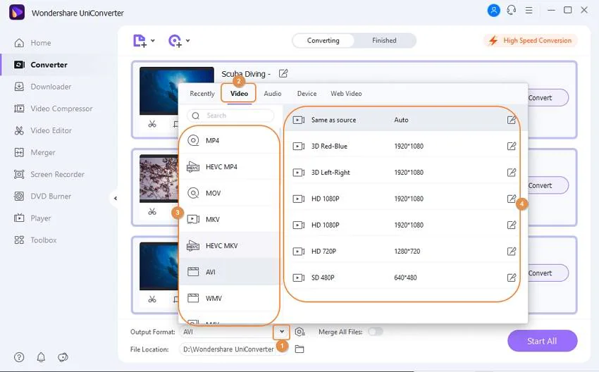 Choose the output video format and resolution