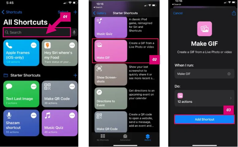 aperçu de l'écran lors de la création de shortcuts sur iphone