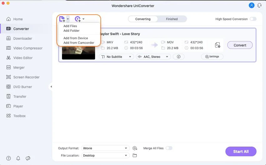 convert mkv to imovie -add files