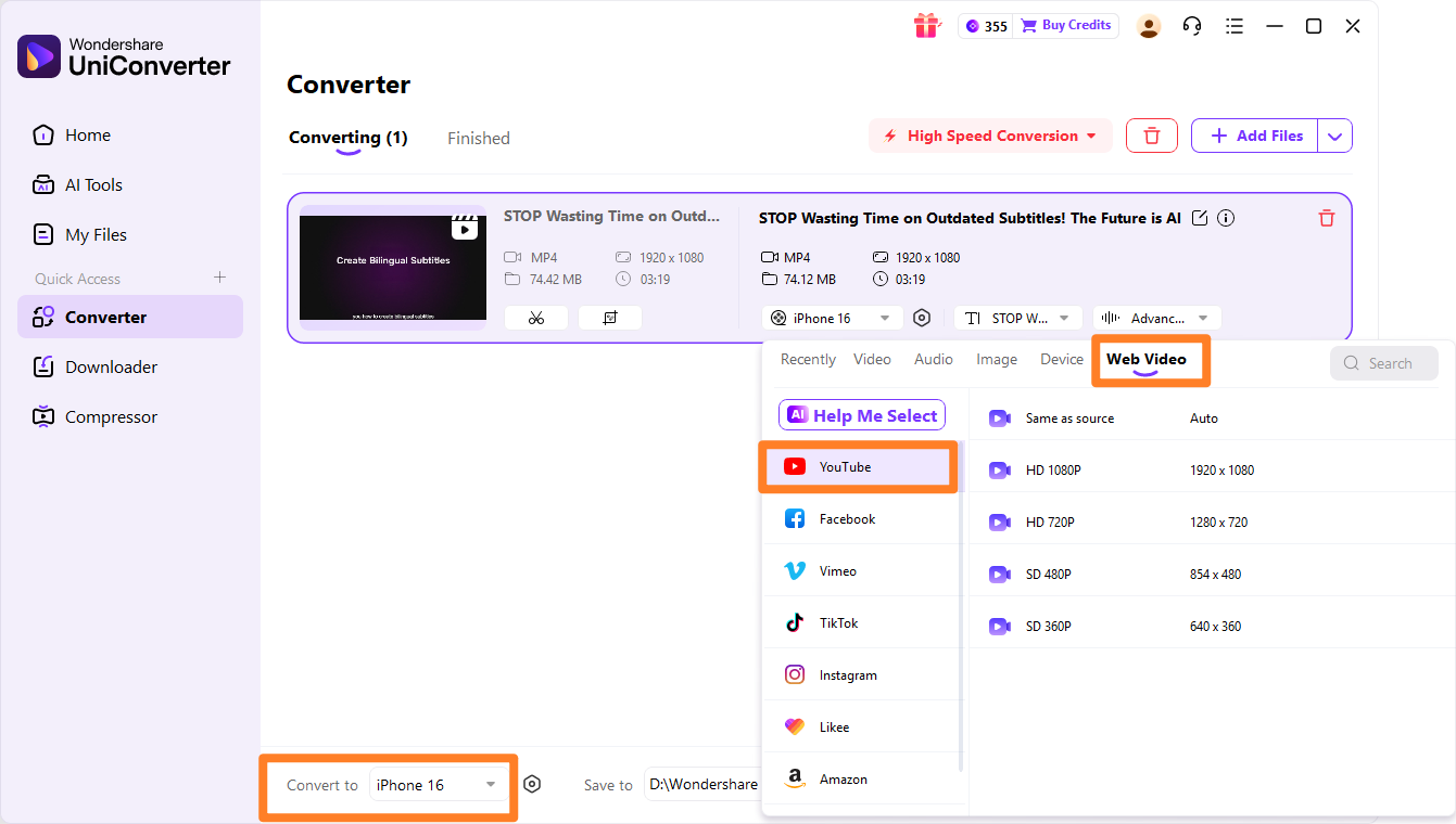 Choose YouTube as the output format