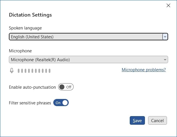 dictation settings ms word