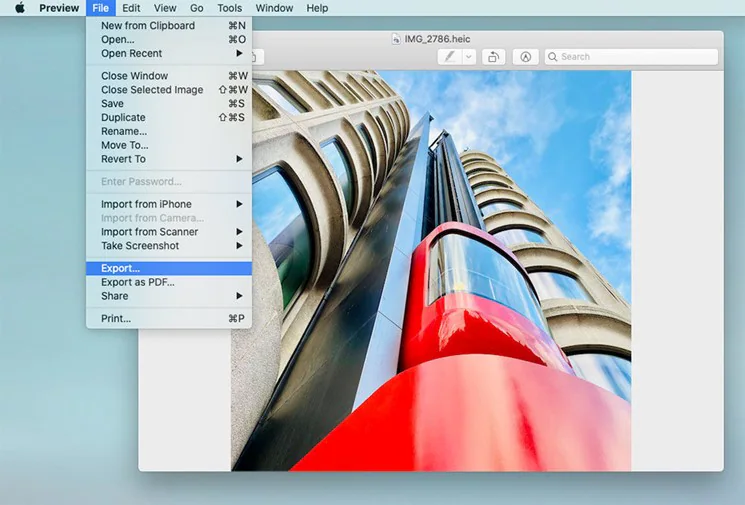 A screenshot of a Mac showing the Photo export option