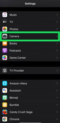 A screenshot of an iPhone settings menu where the Camera options are