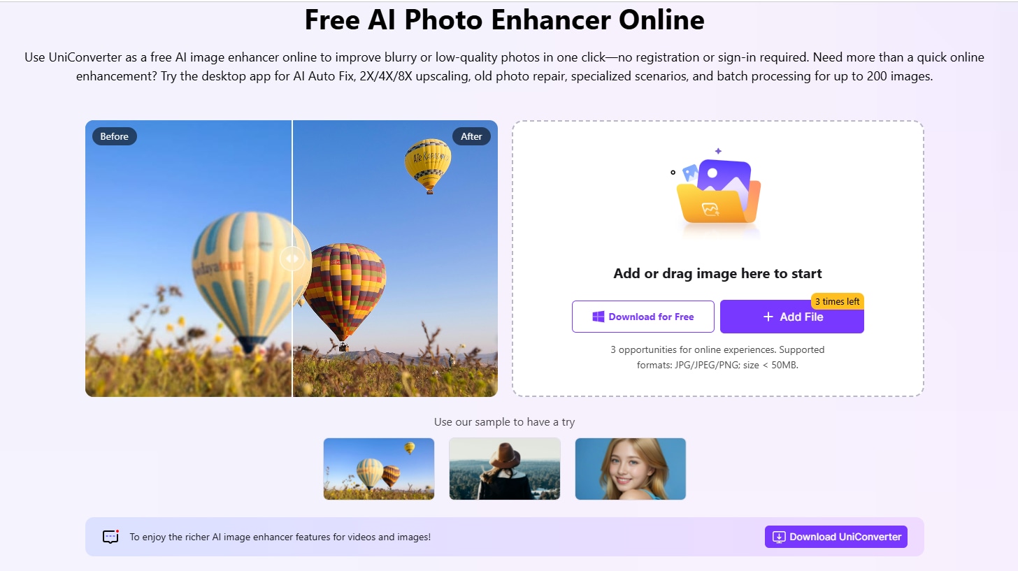 UniConverter online AI Image Upscaler interface with 2X 4X 8X options