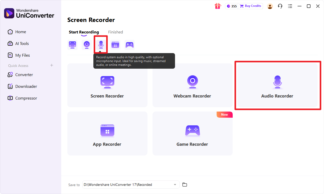 Select Audio Recorder in UniConverter