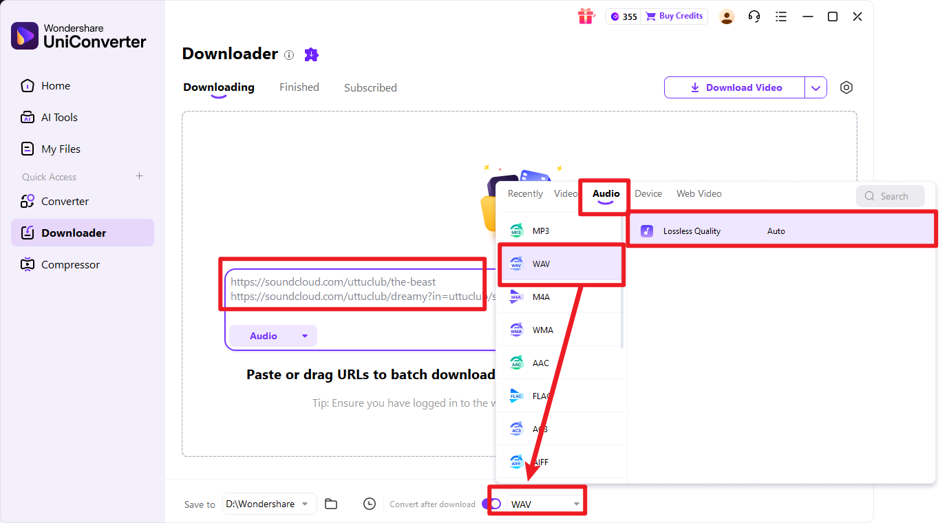 paste URL and select the target WAV format