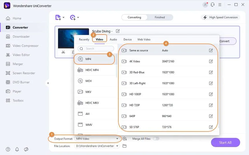 seleziona il formato di output