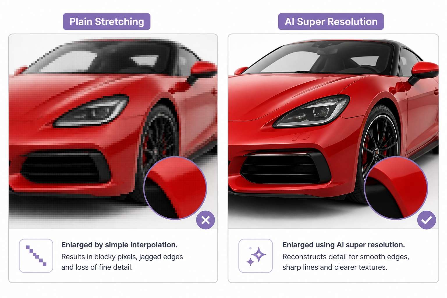 Plain stretching vs AI super resolution: how upscaling differs from simple resizing