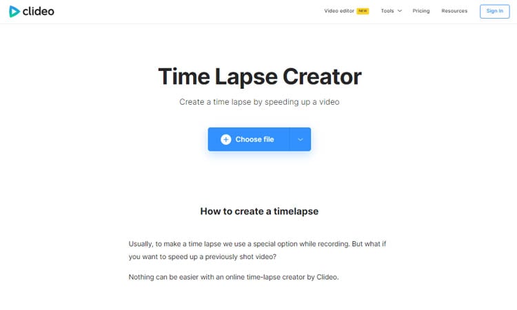 clideo online time lapse creator interface