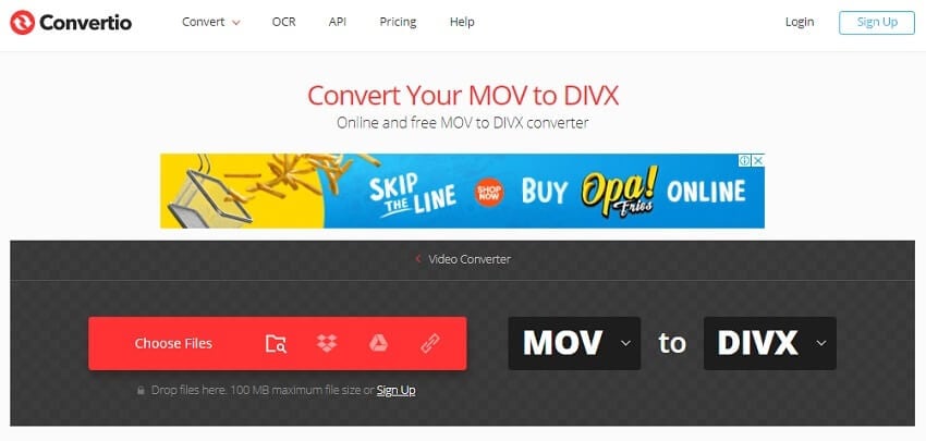 Convertir MOV a DivX en línea con Convertio