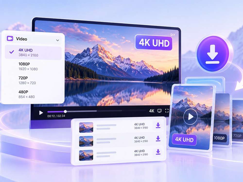 4K UHD video downloader with quality selection and media preview