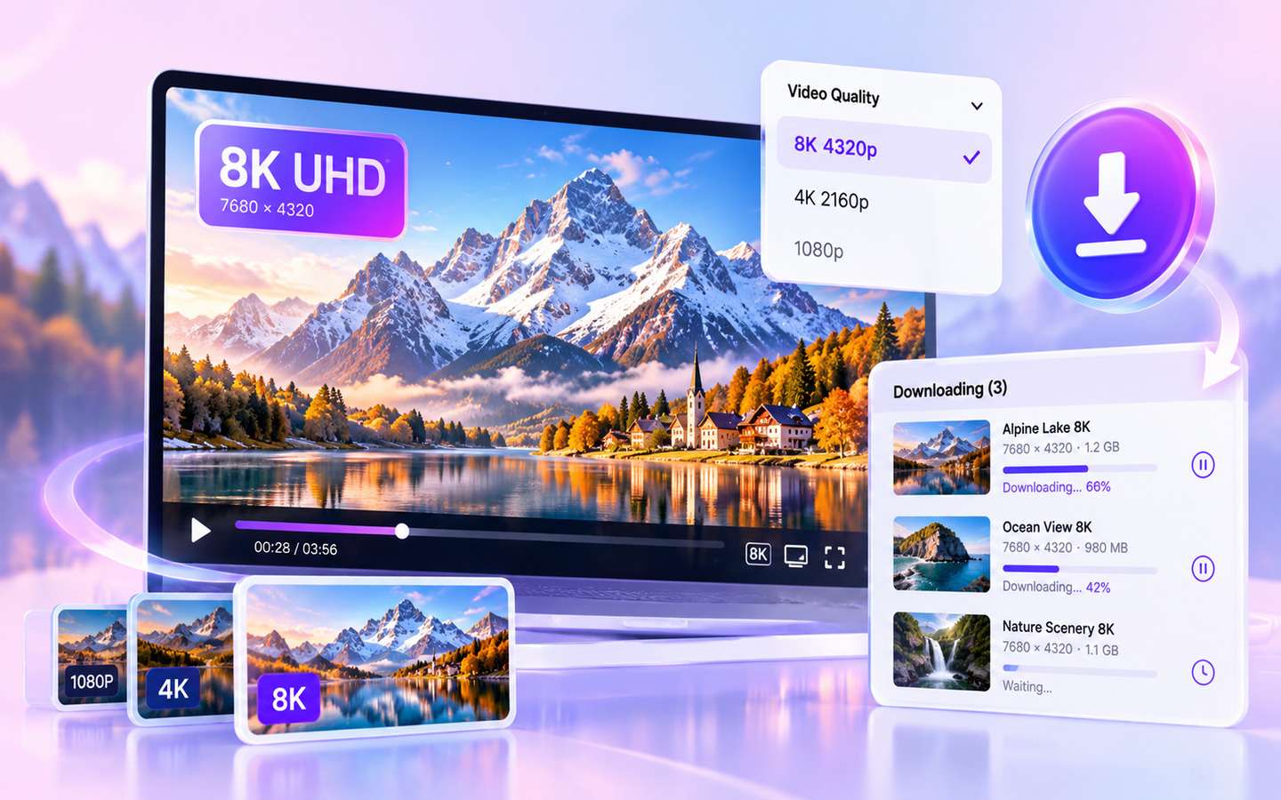 8K Video Downloader with available 4320p quality selection and batch-download queue