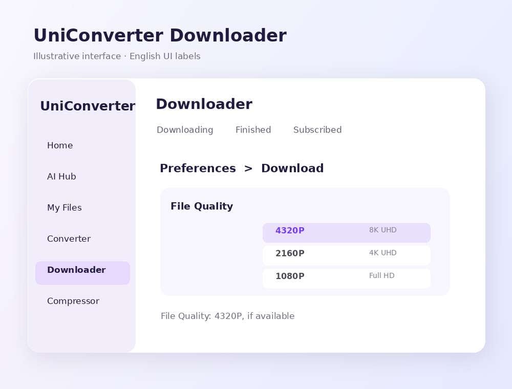 Step 2 select 8K 4320p video quality in UniConverter Download Preferences