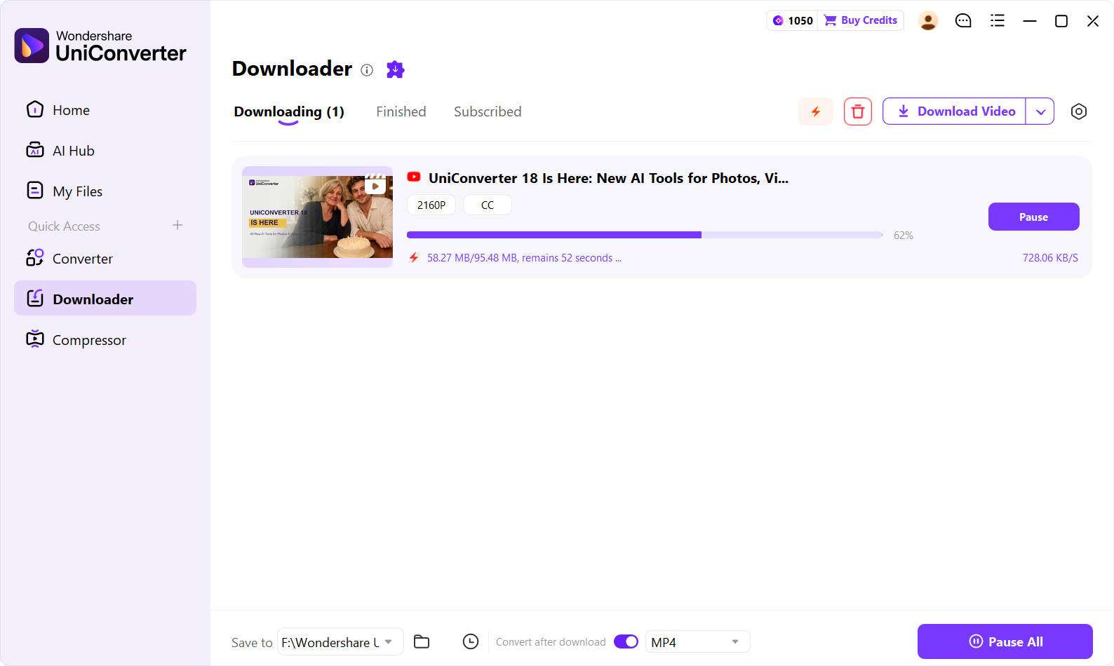 Start downloading a 4K video and track its progress in UniConverter