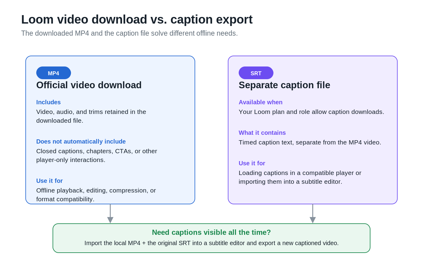 Diagram comparing a Loom MP4 video download with a separate SRT caption download