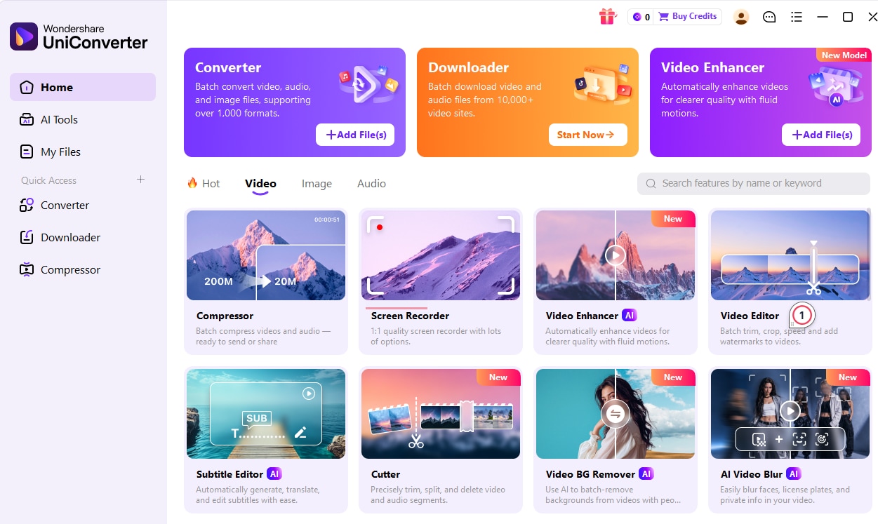 Wondershare UniConverter desktop Home screen showing Downloader and Subtitle Editor tools