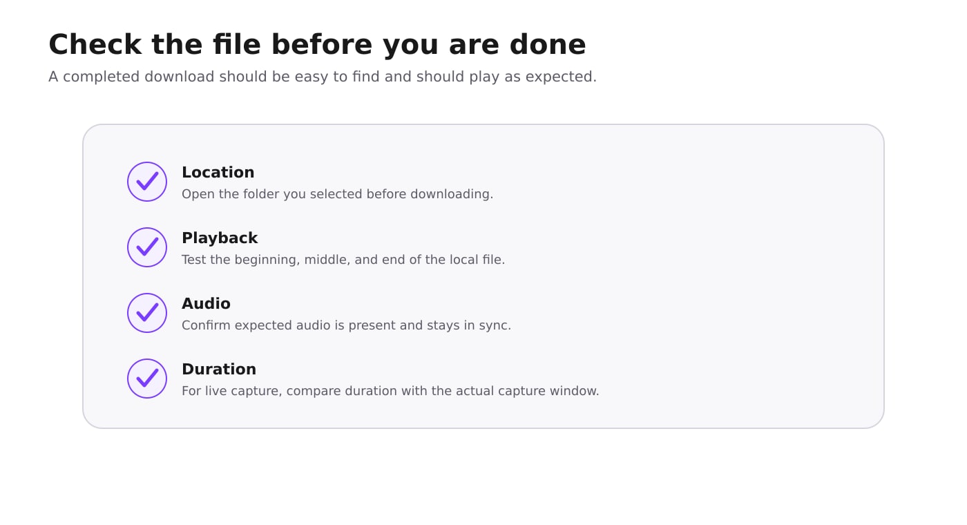 Checklist for locating an M3U8 download and checking playback, audio, and duration