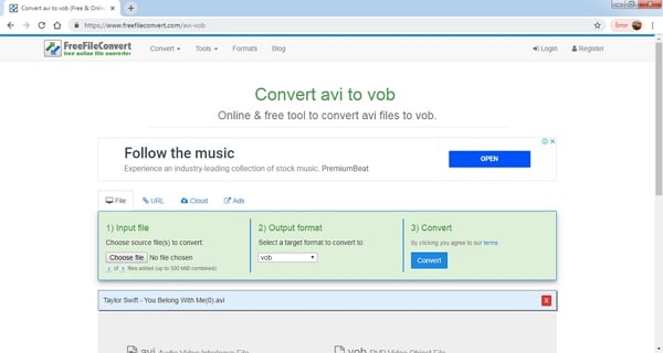 конвертируйте avi в vob с помощью FreeFileConvert