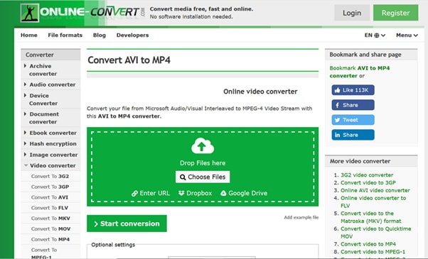 Converta AVI em MP4 por online-convert.com