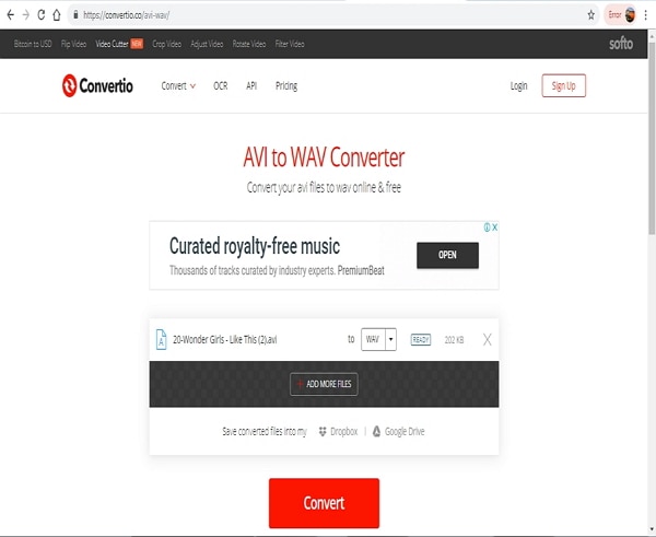 convert AVI to WAV online by Convertio