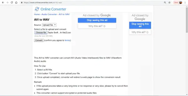 convertir AVI en WAV en ligne avec Online Convert