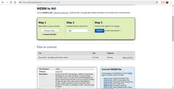 convert WebM to AVI  by Zamzar