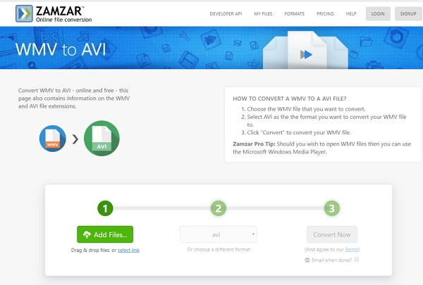 convert WMV to AVI online by Zamzar