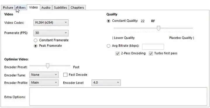 select settings for video compressor