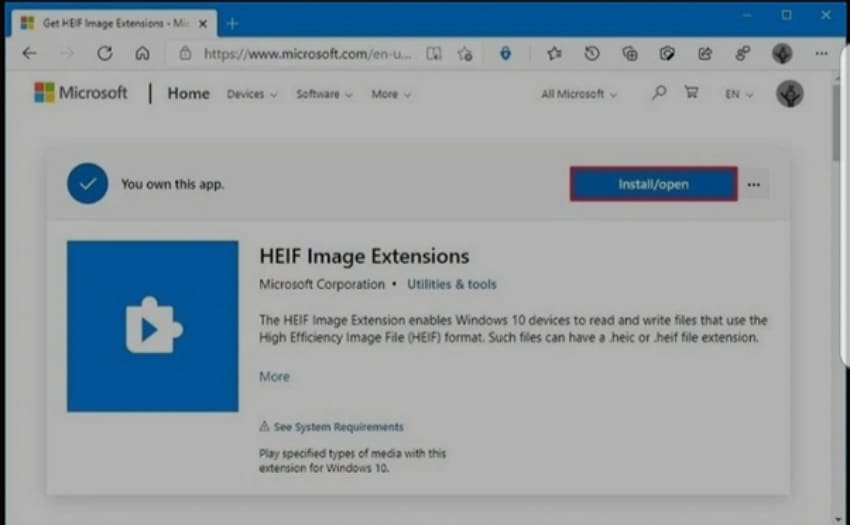 Proceed to download your HEIF image extension