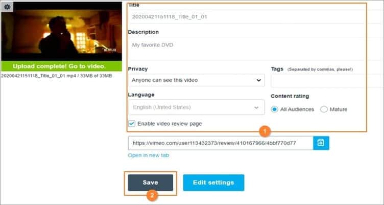 load video to Vimeo step 3