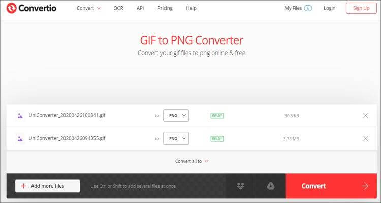 convertir GIF a PNG en línea: Convertio