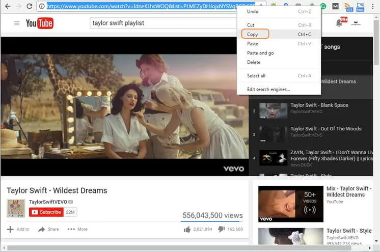 copy YouTube playlist URL