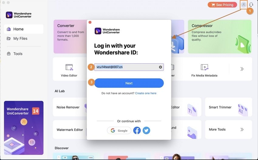 log in UniConverter for Mac with Wondershare ID