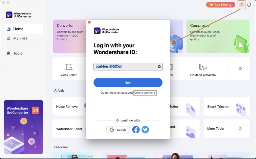sign up Wondershare ID for UniConverter Mac