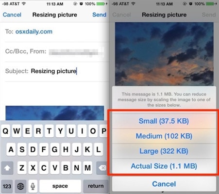 choisir les options pour redimensionner photo iPhone