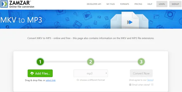 convert MKV to MP3 online by Zamzar