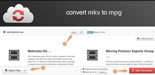 MKV in MPG konvertieren mit Cloudconvert