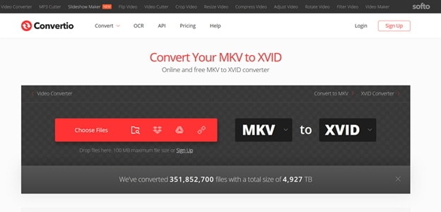 конвертировать MKV в Xvid с помощью Convertio