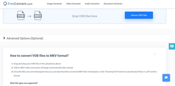 convertir VOB en MKV avec FreeConvert.com
