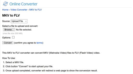 convert MKV to FLV online by Online MKV to FLV Converter