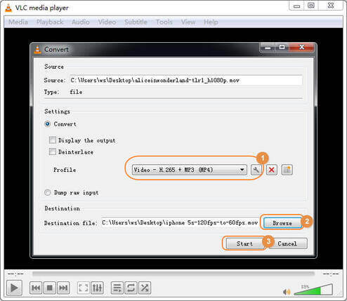 Quicktime MOV in MP4 mit VLC umwandeln Schritt 3: Die Konvertierung von Quicktime MOV zu MP4 starten