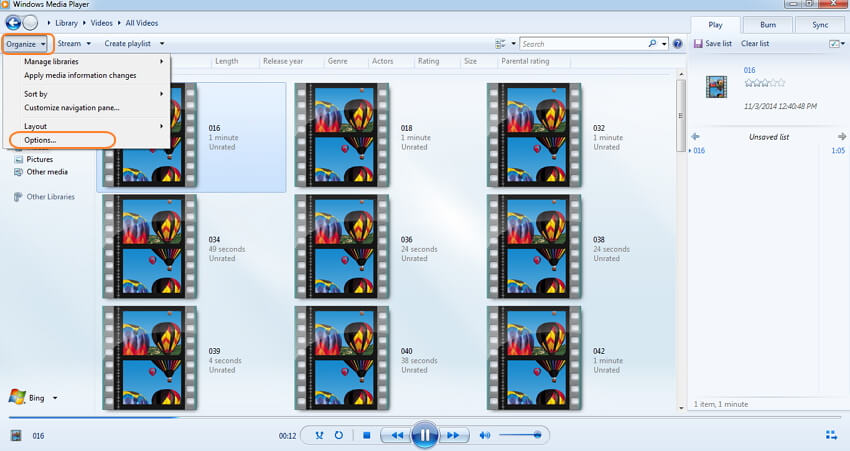 set options for converting mp3 to mp4 with Windows media player