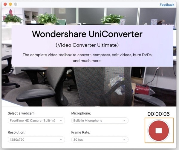 parar de gravar a webcam com o Gravador de Tela da Wondershare para Mac
