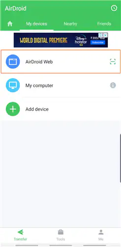 sélectionnez Airdroid Web